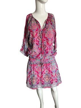 EsQualo Pink Paisley Boho Dress | Size Small | Elastic Waist | EU Chic